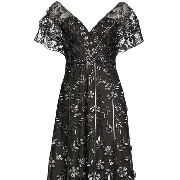 Lela Rose Flutter Sleeve Vine Embroidered Tulle Dress